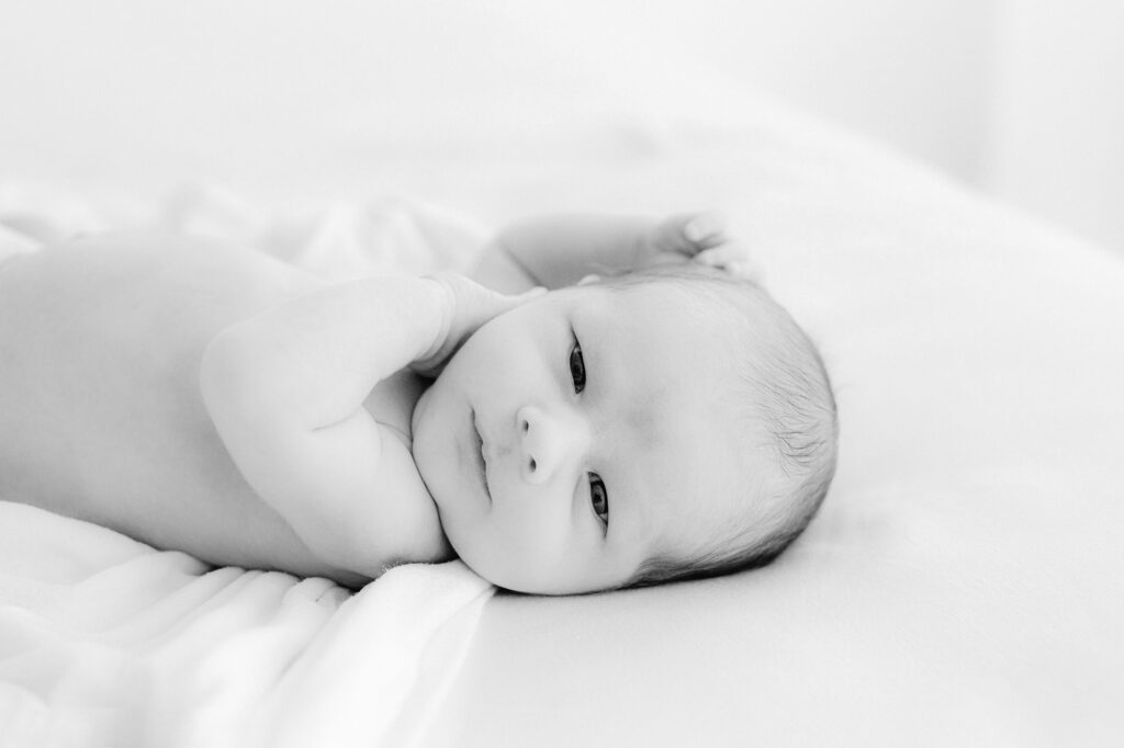 A newborn looks at the camera for a portrait.